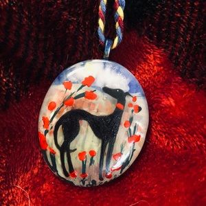 Handpainted Stone Necklace - Grey Hound Dog
